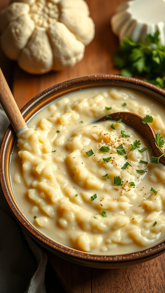 A bowl of creamy cauliflower risotto garnished with parsley and Parmesan cheese, set in a rustic kitchen.